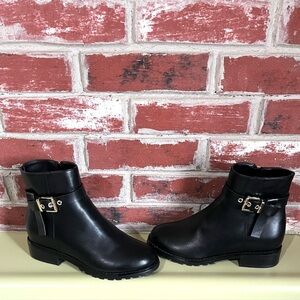 NWT: Crown and Ivy Levi Black Ankle Boots with Gold Buckle. Size 6